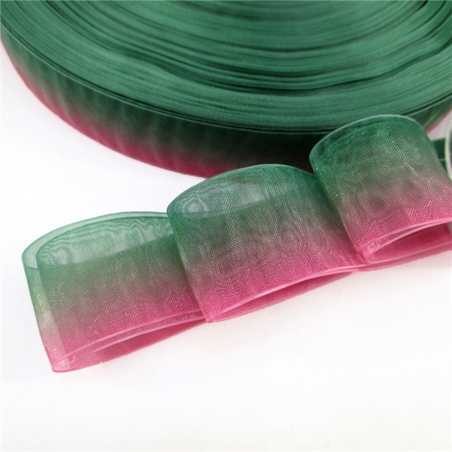1" heat transfer organza Gradient color ribbon dark green&plum,5yard