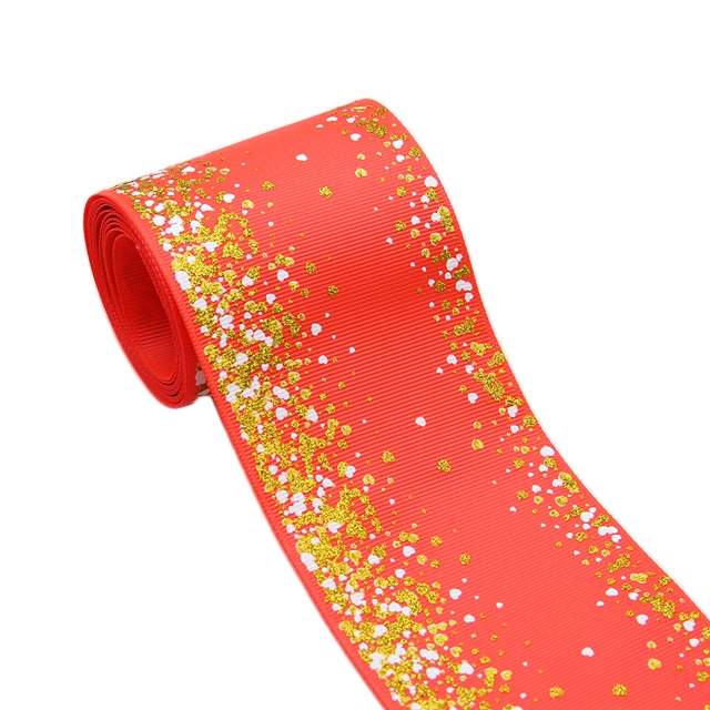 3" 75mm glitter grosgrain gold glitter ribbon 600# orange red 50yard