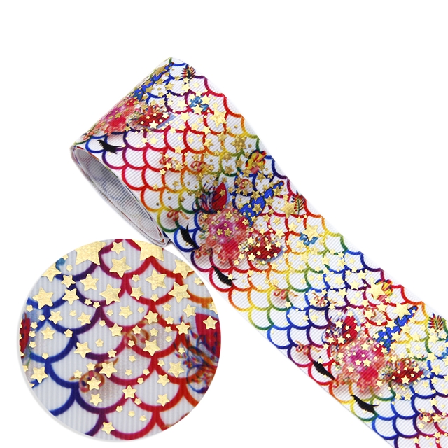 2" 50mm heat transfer printed+laser gold grosgrain heat transfer laser gold ribbon