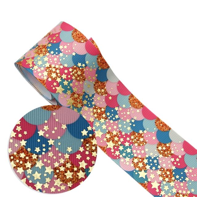 2" 50mm heat transfer printed+laser gold grosgrain heat transfer laser gold ribbon