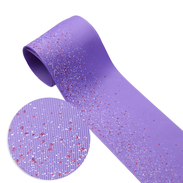 3" 75mm glitter+screen printed GROSGRAIN glitter screen printed rainbow ribbon purple,50yard