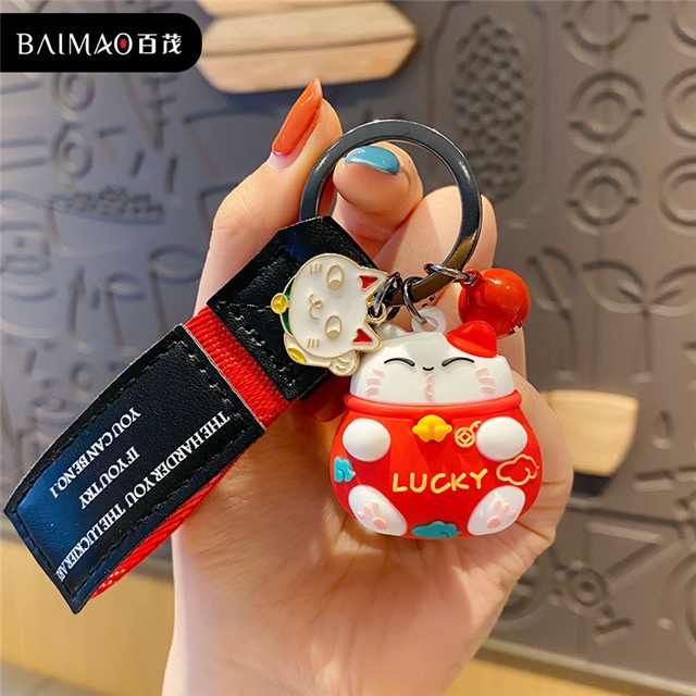 environmental protection PVC+hardware lucky cat soft glue doll keychain red cat+red leather rope