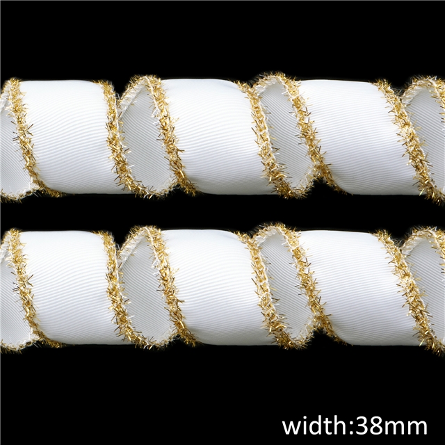 grosgrain tinsel edge metallic tinsel edged,029# white,golden+white,38mm(1-1/2