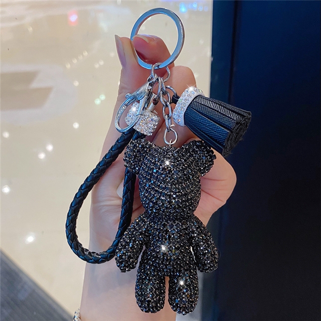 pu+rhinestone+hardware cartoon full diamond french bulldog bear keychain cute tassel bag pendant