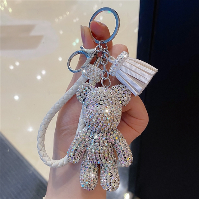 pu+rhinestone+hardware cartoon full diamond french bulldog bear keychain cute tassel bag pendant