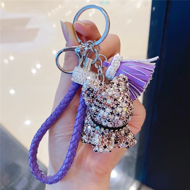 pu+rhinestone+hardware cartoon full diamond french bulldog bear keychain cute tassel bag pendant