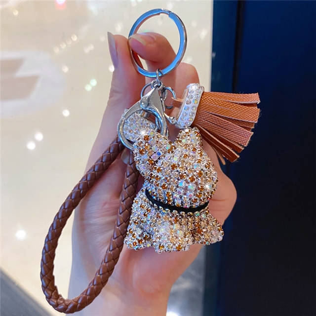 pu+rhinestone+hardware cartoon full diamond french bulldog bear keychain cute tassel bag pendant