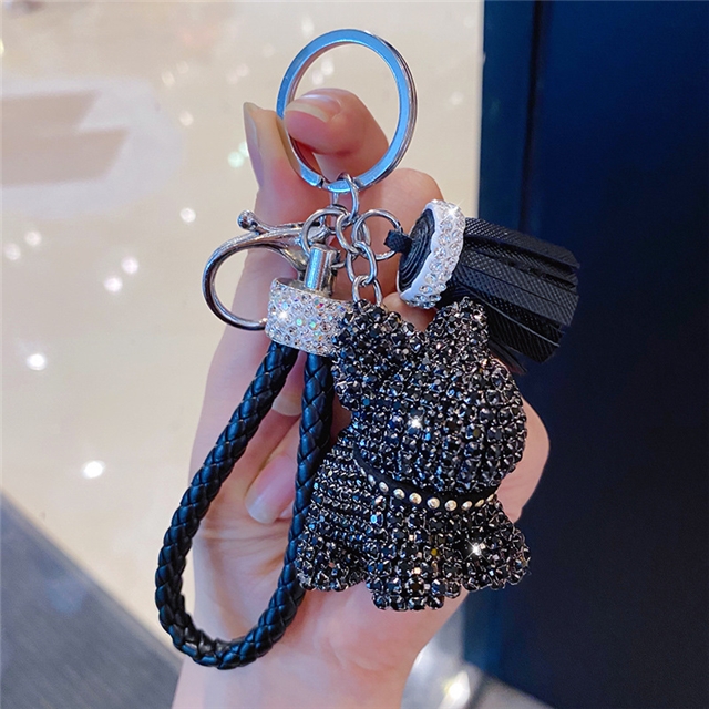 pu+rhinestone+hardware cartoon full diamond french bulldog bear keychain cute tassel bag pendant