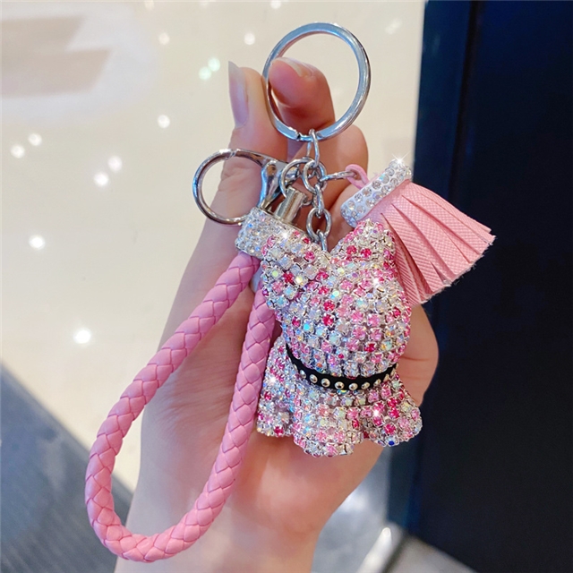 pu+rhinestone+hardware cartoon full diamond french bulldog bear keychain cute tassel bag pendant