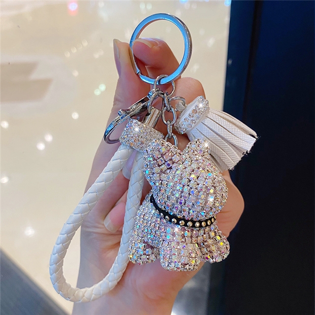pu+rhinestone+hardware cartoon full diamond french bulldog bear keychain cute tassel bag pendant