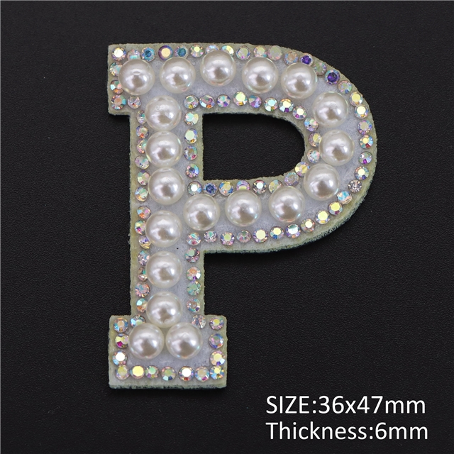 back with glue non-woven+pearl+ rhinestones  pearl rhinestone 26 letters back with glue non-woven patch P,47*36mm(1.9*1.4