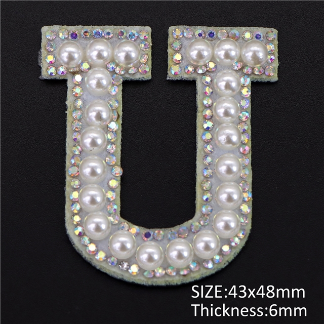 back with glue non-woven+pearl+ rhinestones  pearl rhinestone 26 letters back with glue non-woven patch U,48*43mm(1.9*1.7