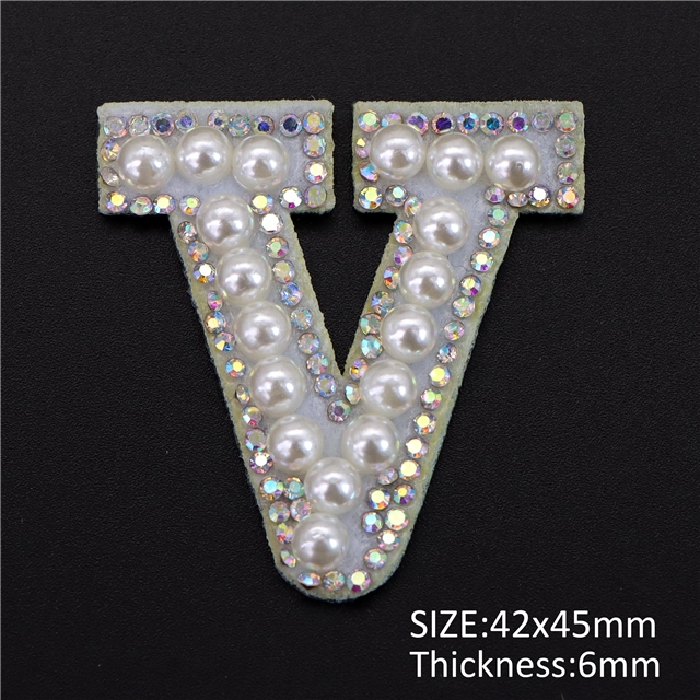 back with glue non-woven+pearl+ rhinestones  pearl rhinestone 26 letters back with glue non-woven patch V,45*42mm(1.8*1.7