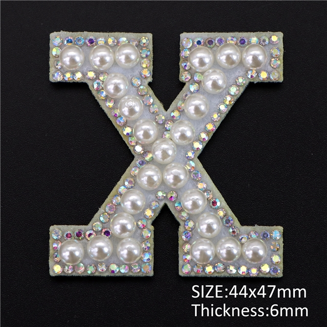 back with glue non-woven+pearl+ rhinestones  pearl rhinestone 26 letters back with glue non-woven patch X,47*44mm(1.9*1.7