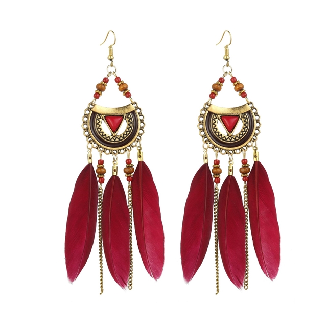 feather+alloy Drop Row Feather Earrings red 2