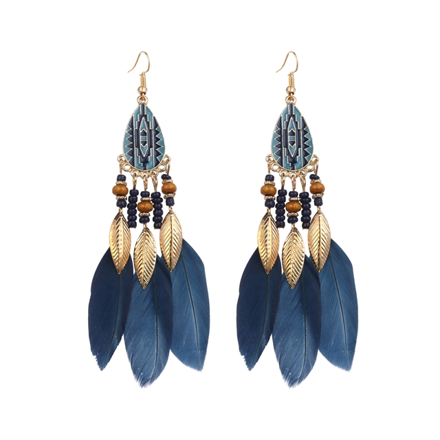 feather+alloy Drop Row Feather Earrings dark blue