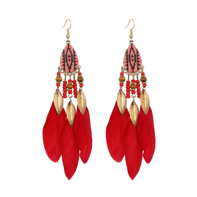 feather+alloy Drop Row Feather Earrings red1