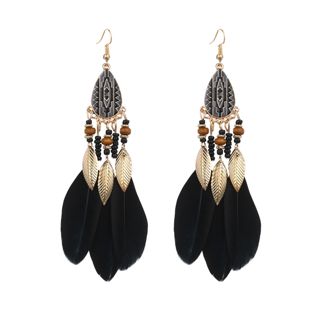 feather+alloy Drop Row Feather Earrings black1