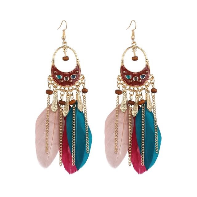 feather+alloy Drop Row Feather Earrings flower basket-dark mixed