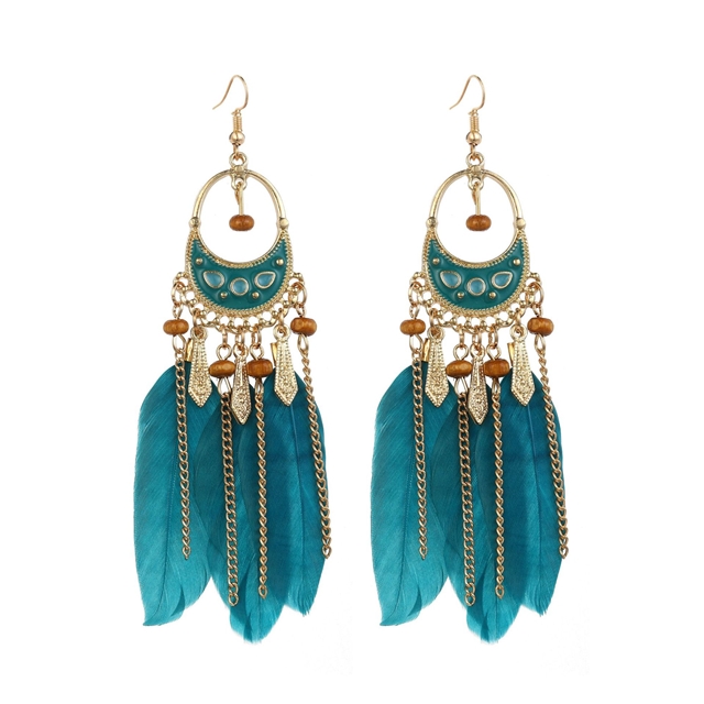 feather+alloy Drop Row Feather Earrings flower basket-blue