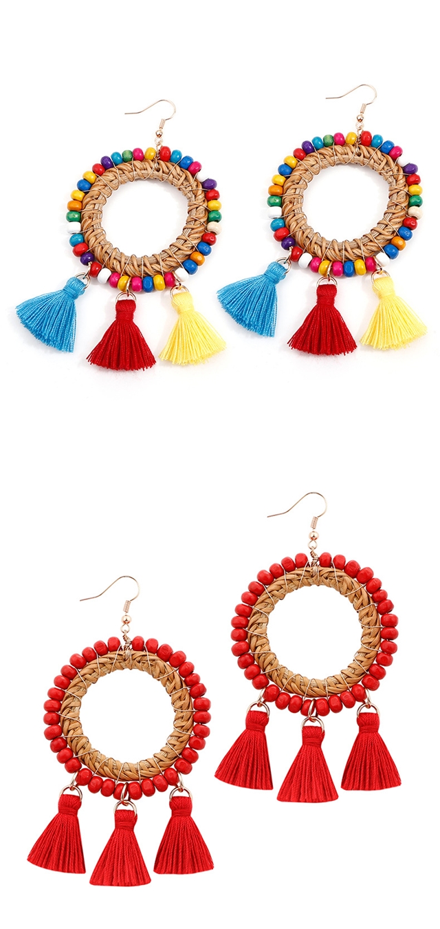 alloy+wooden beads+cane+cotton thread Boho Circle Miyuki Bead Braided Earrings