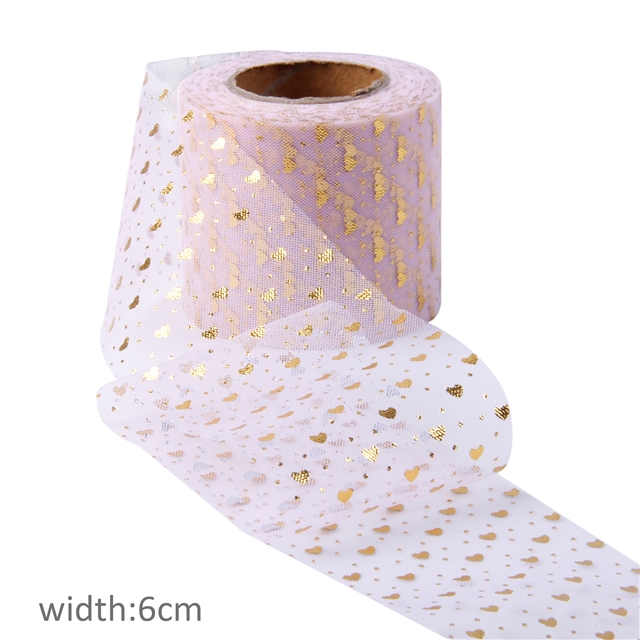 polyester fiber gold foil heart dot mesh gauze roll（25yards/roll） pink,6cm(2.4