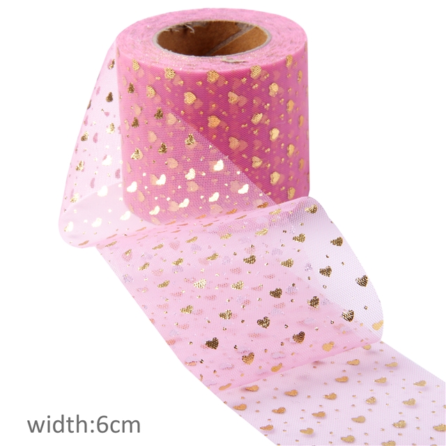 polyester fiber gold foil heart dot mesh gauze roll（25yards/roll） light rose red,6cm(2.4