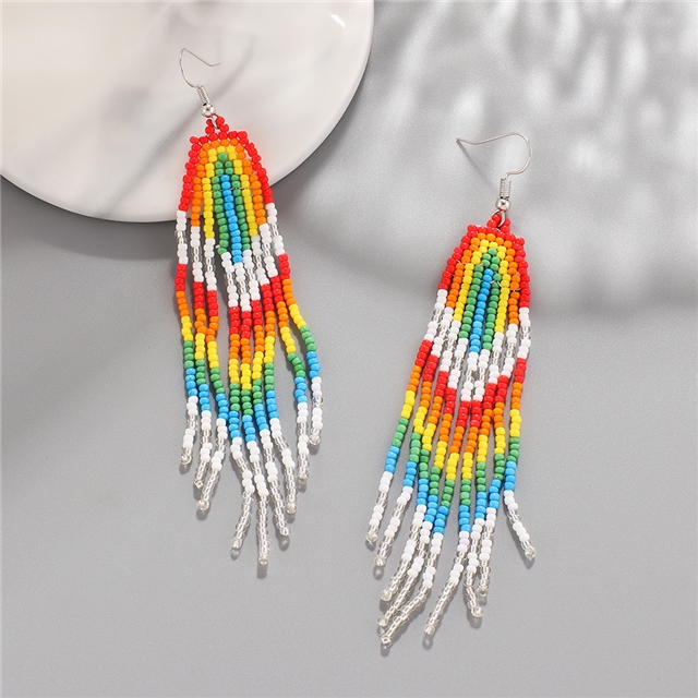 Ethnic style rainbow rice bead tassel earrings