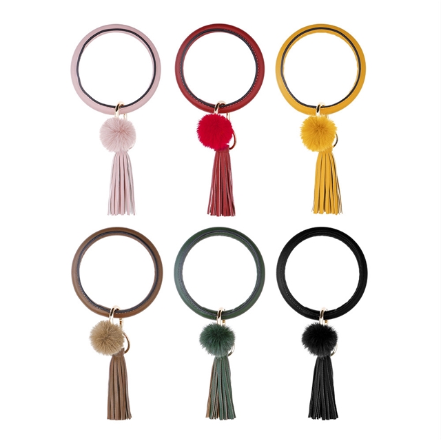 Leather + Alloy + Imitation Mink PU Leather Tassel Bracelet Keychain