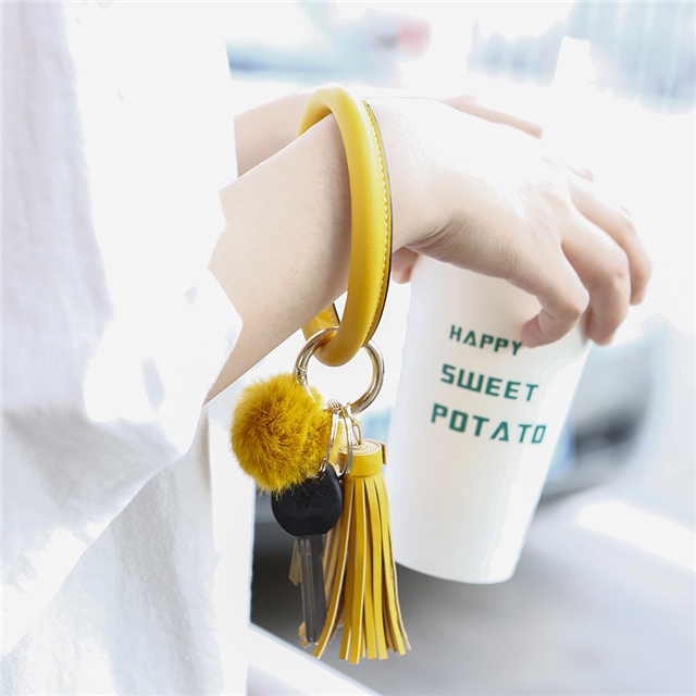 Leather + Alloy + Imitation Mink PU Leather Tassel Bracelet Keychain