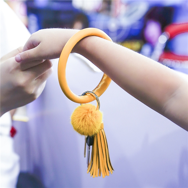 Leather + Alloy + Imitation Mink PU Leather Tassel Bracelet Keychain
