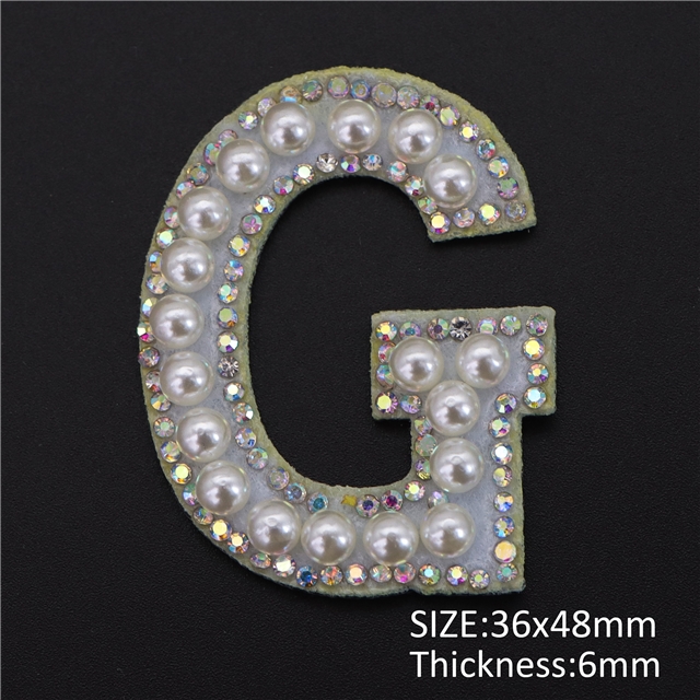 back with glue non-woven+pearl+ rhinestones  pearl rhinestone 26 letters back with glue non-woven patch G,48*36mm(1.9*1.4