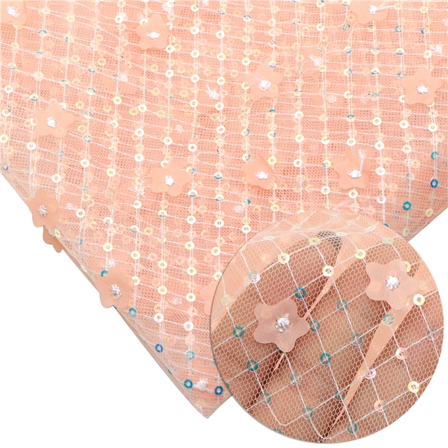 mesh gauze sequins flower plaid mesh fabric shell pink,50*140cm(19.7*55.1