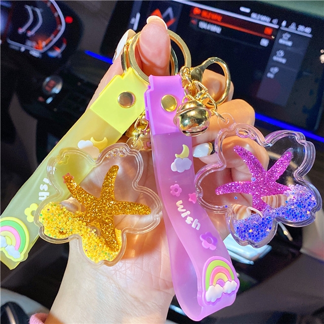 pvc+acrylic+alloy liquid in oil cherry blossom starfish floating bottle keychain