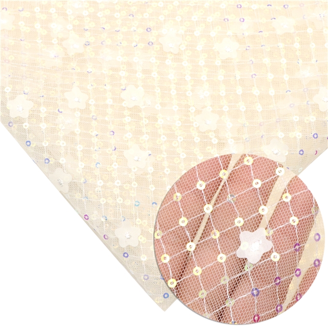 mesh gauze sequins flower plaid mesh fabric cream,50*140cm(19.7*55.1