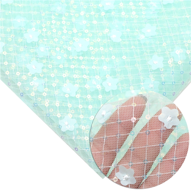 mesh gauze sequins flower plaid mesh fabric green,50*140cm(19.7*55.1