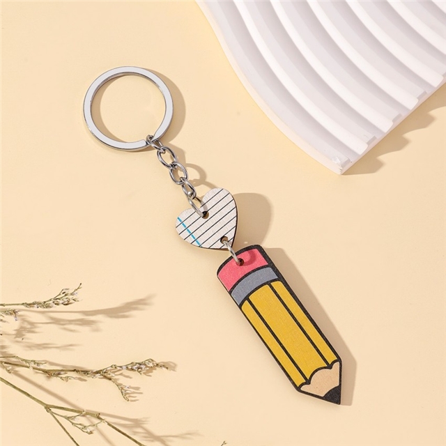 alloy+wooden pencil heart wooden key chain pendant