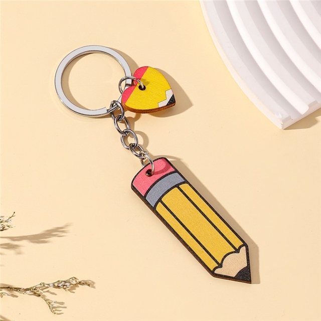 alloy+wooden pencil heart wooden key chain pendant