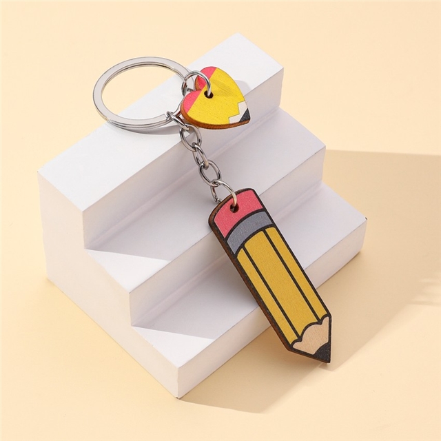 alloy+wooden pencil heart wooden key chain pendant