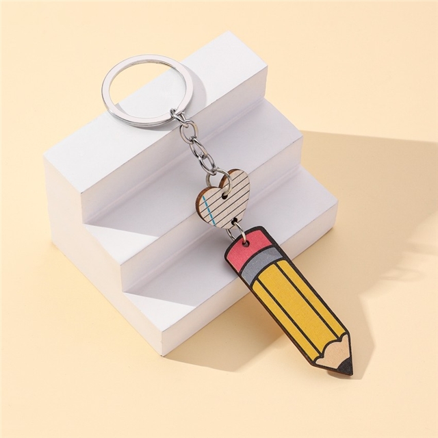 alloy+wooden pencil heart wooden key chain pendant