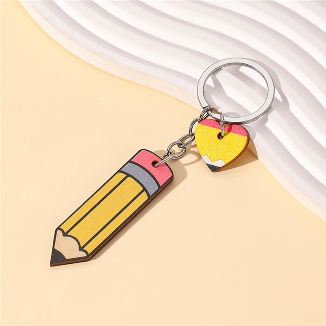 alloy+wooden pencil heart wooden key chain pendant
