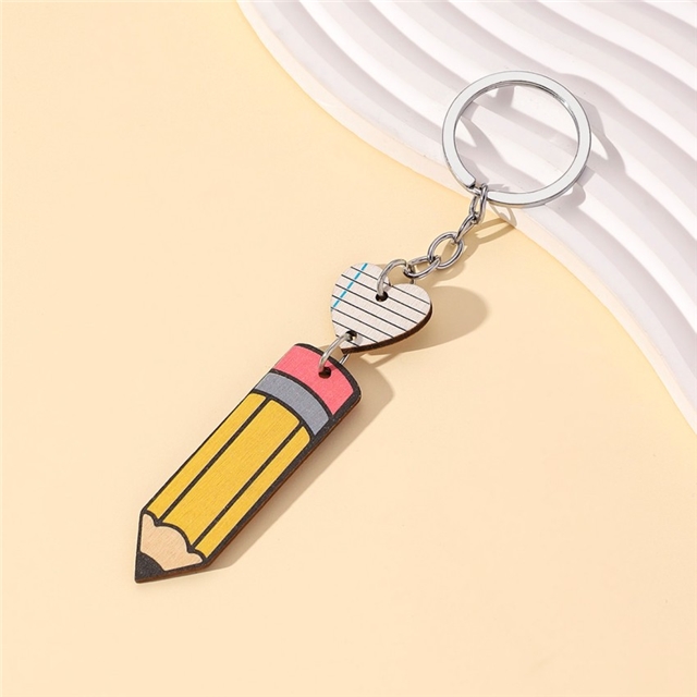 alloy+wooden pencil heart wooden key chain pendant