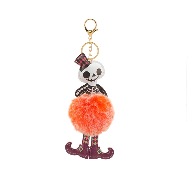 plush+leather+alloy halloween skull pu pompoms keychain