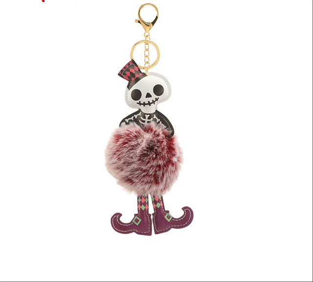 plush+leather+alloy halloween skull pu pompoms keychain