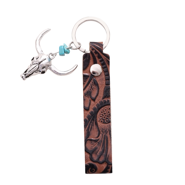 genuine leather+alloy leather patterned alloy letter keychain