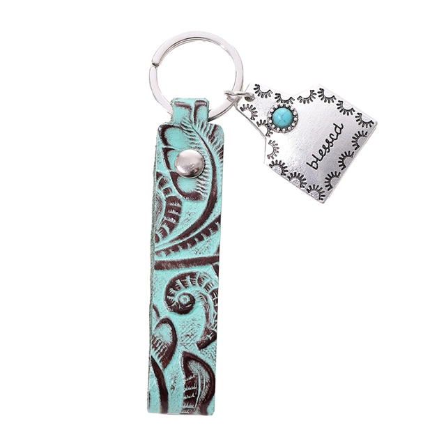 genuine leather+alloy leather patterned alloy letter keychain