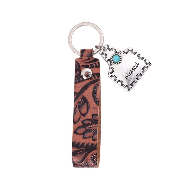 genuine leather+alloy leather patterned alloy letter keychain