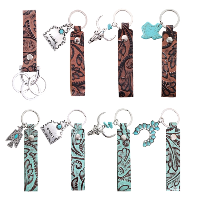 genuine leather+alloy leather patterned alloy letter keychain