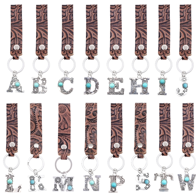 genuine leather+alloy leather patterned alloy letter keychain