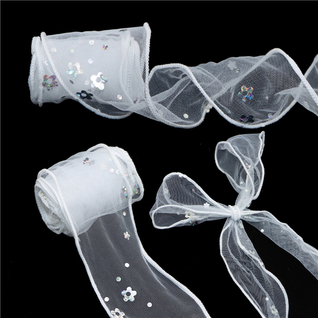 mesh laser flower line edged wired mesh ribbon